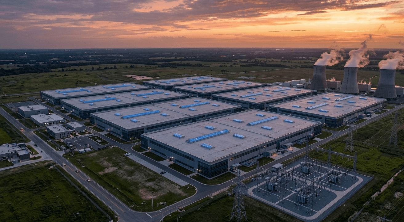 Aerial view of a large AI data center campus at dusk showing server hall rooftops with blue cooling vents, cooling towers with steam rising, electrical substations, and high-voltage transmission lines at golden hour