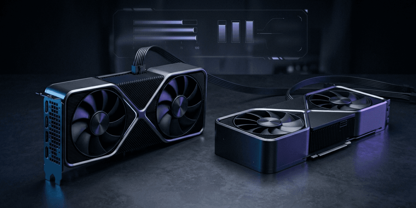 Best GPU for AI training 2026: NVIDIA RTX 4090 and RTX 5070 graphics cards side by side for LLM training, ComfyUI image generation, and AI inference workloads