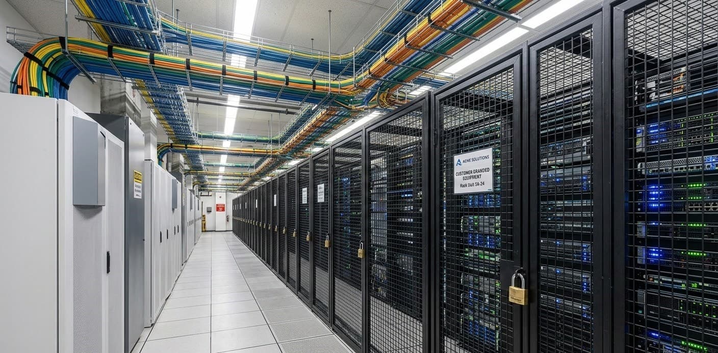 Colocation data center corridor with padlocked customer server cage enclosures, blue LED rack status lights, and colorful overhead cable management trays