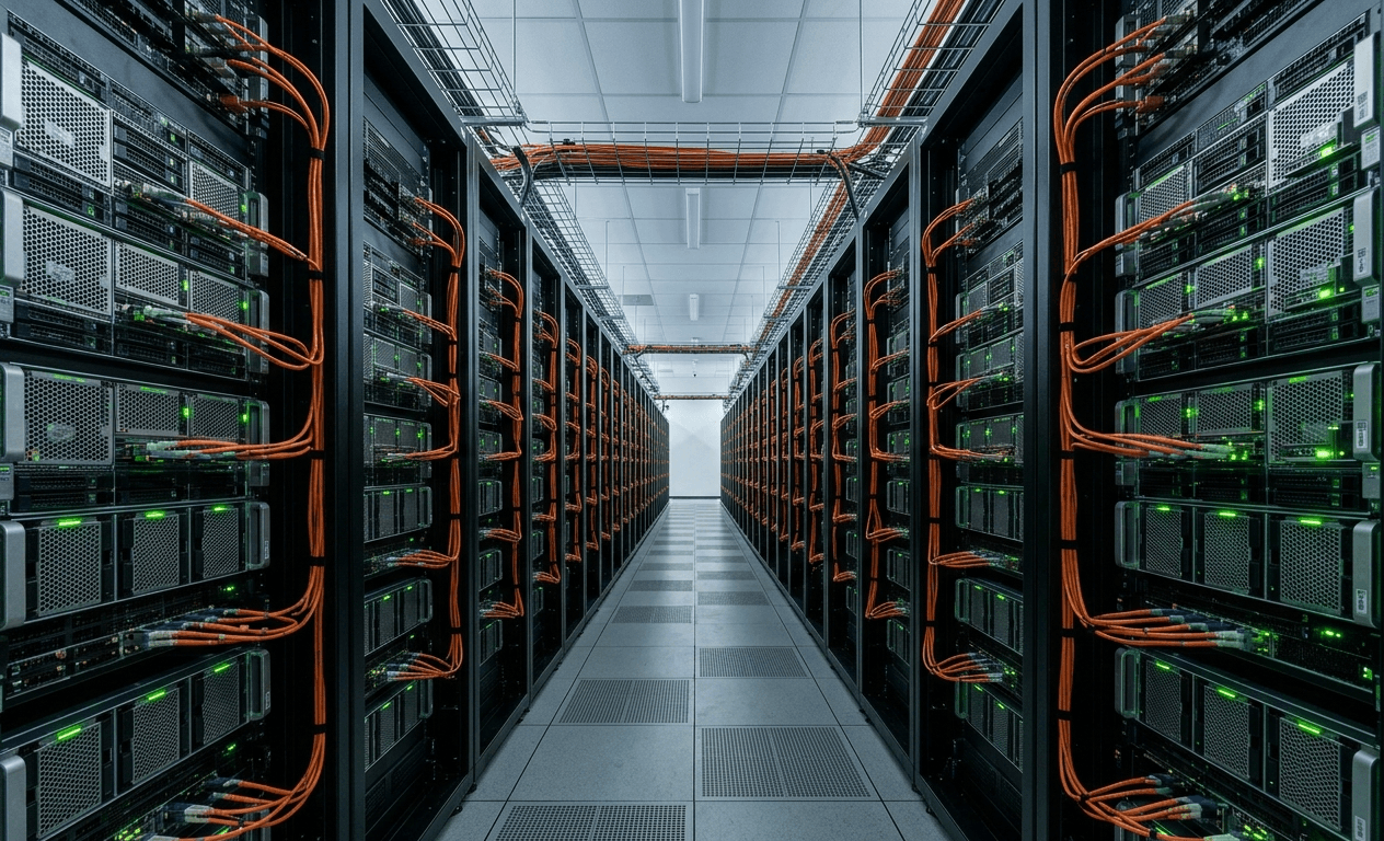 Interior aisle of a CoreWeave GPU data center showing rows of NVIDIA H100 HGX server racks connected by dense orange InfiniBand cables, with green LED status lights on active servers and a raised-floor tile corridor stretching into the background