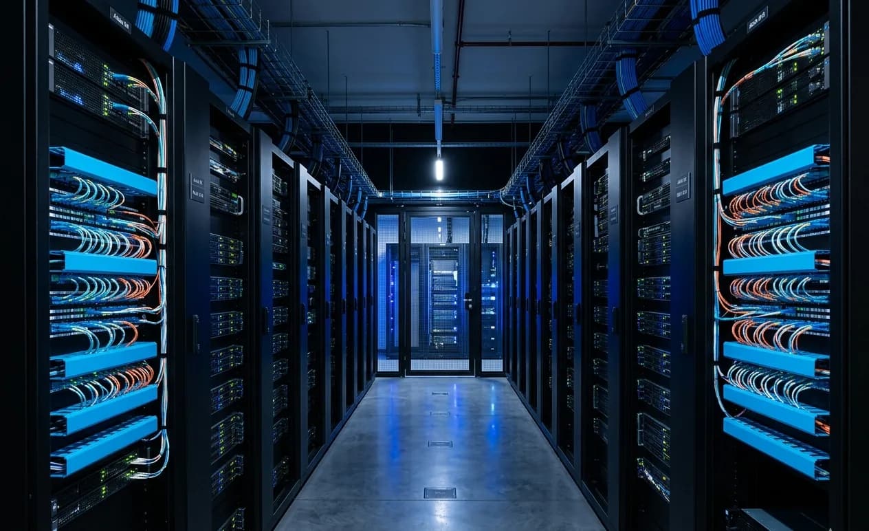 Equinix IBX data center interior with rows of colocation server cabinets, colored fiber patch cables and blue LED lighting