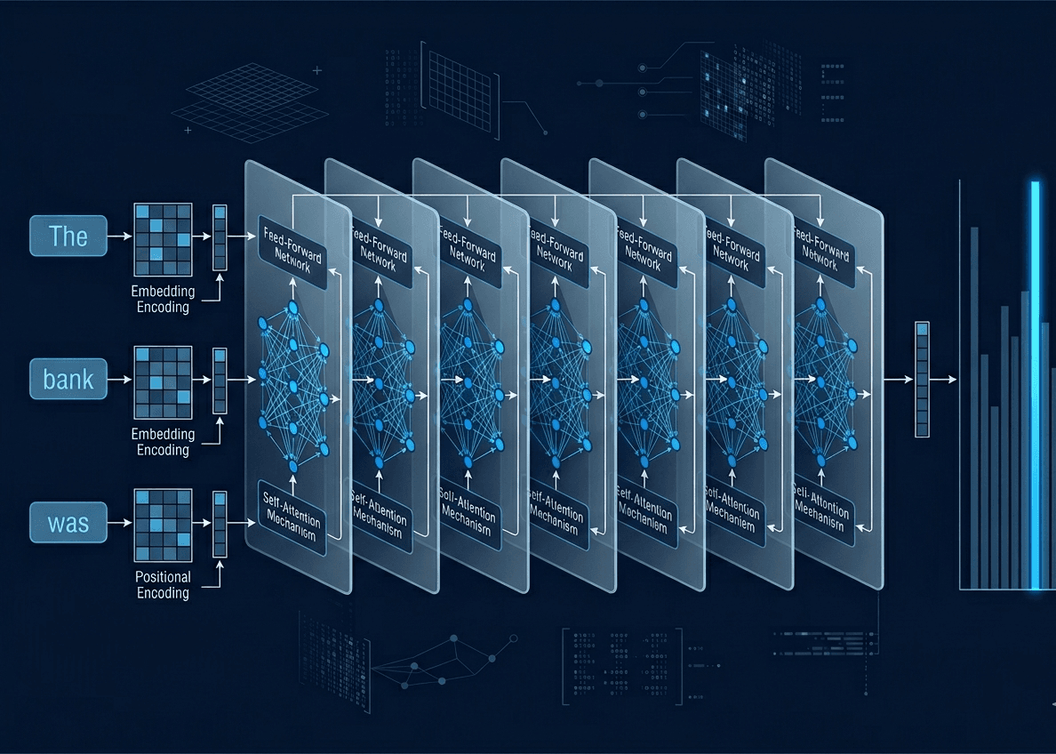How ChatGPT works: transformer architecture diagram showing text tokens The, bank, WBS flowing through stacked neural network layers to generate an AI language model response