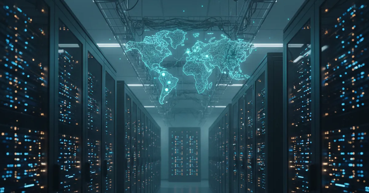 Long aisle of a data center hall with glowing server racks and a translucent holographic world map floating above the cable trays
