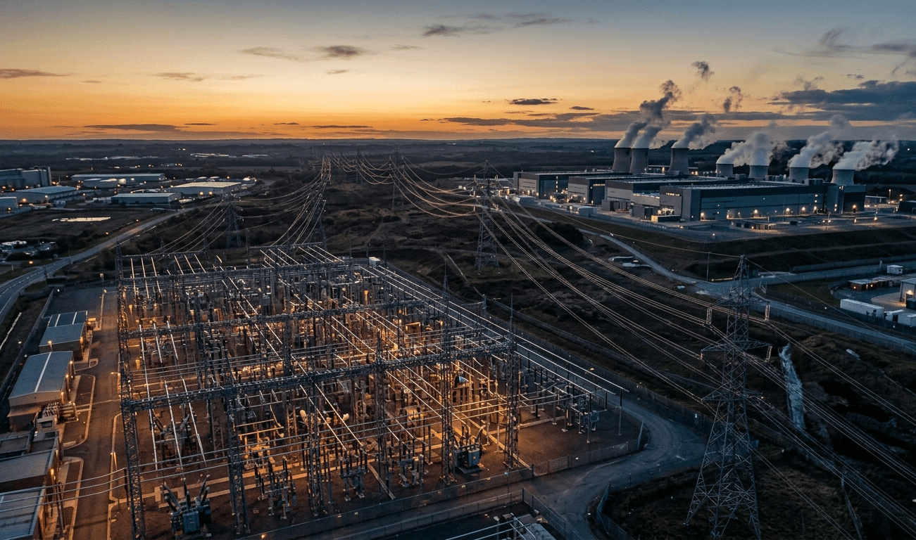 How much energy does AI use: aerial view of a large electricity substation at dusk with high-voltage power lines and cooling towers of a power plant in the background