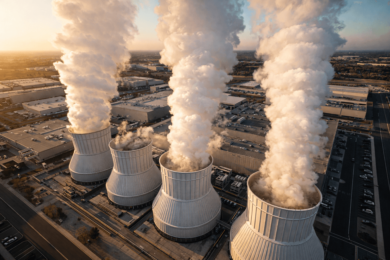 Aerial view of a data center cooling tower complex releasing steam into the sky, representing AI water consumption