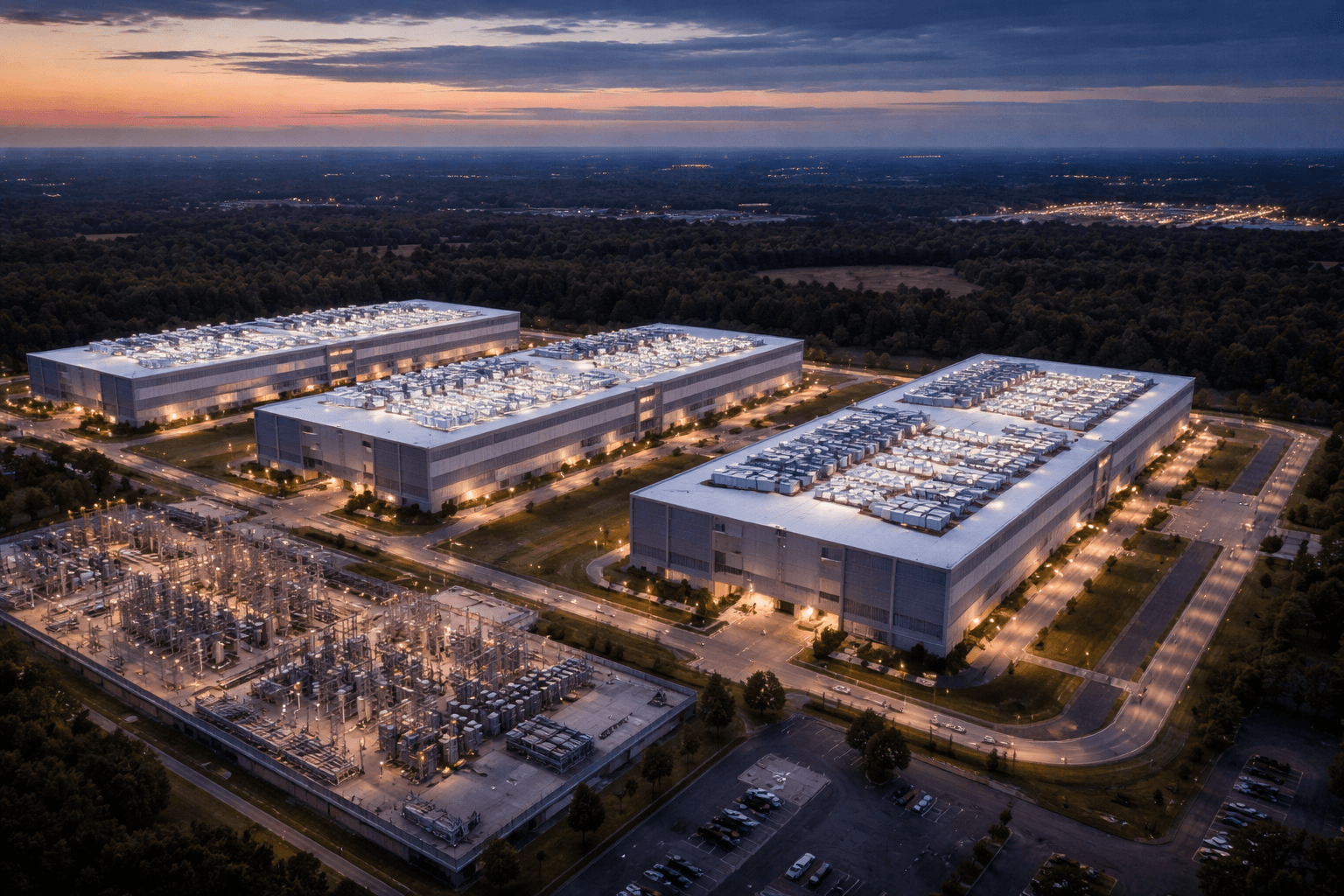 Aerial view of a hyperscale data center campus with server halls and cooling towers