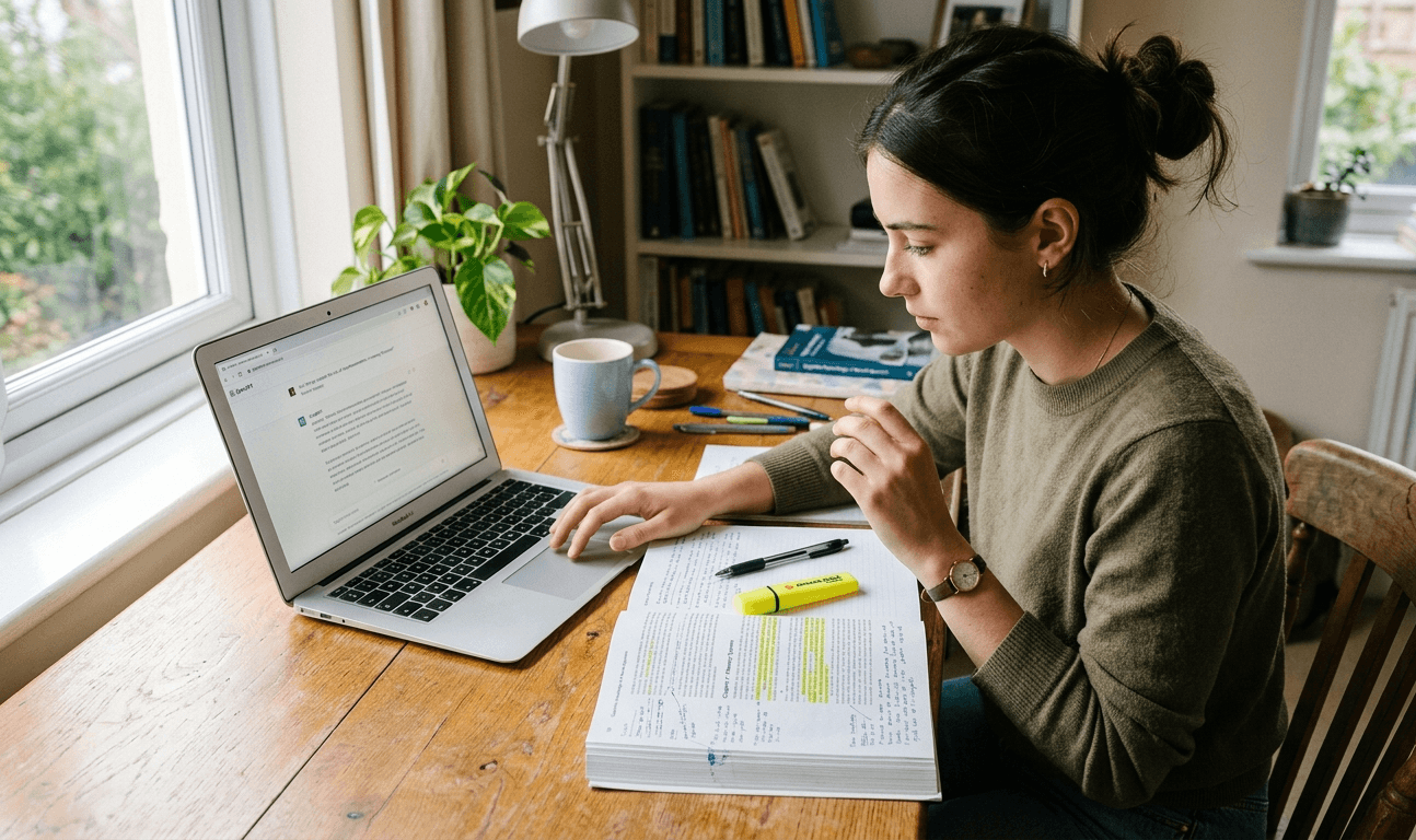 Student at a wooden desk with a ChatGPT interface on laptop screen beside an open textbook with handwritten notes, representing the question of whether AI is bad for student learning
