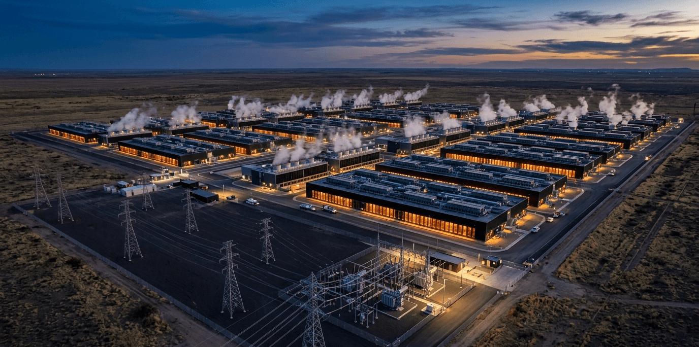 Is AI bad for the environment: aerial view of a data center campus with cooling towers and power infrastructure