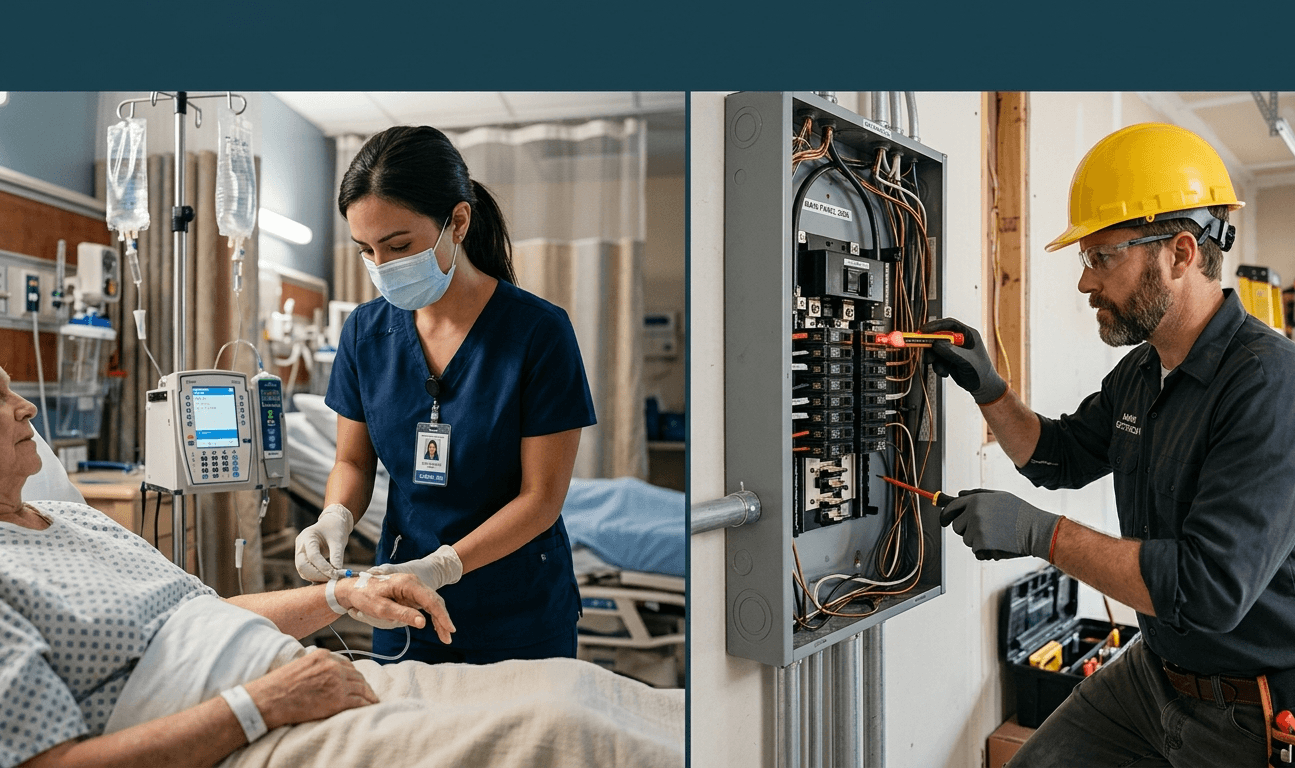 Nurse checking patient vitals and electrician at electrical panel — jobs AI cannot replace