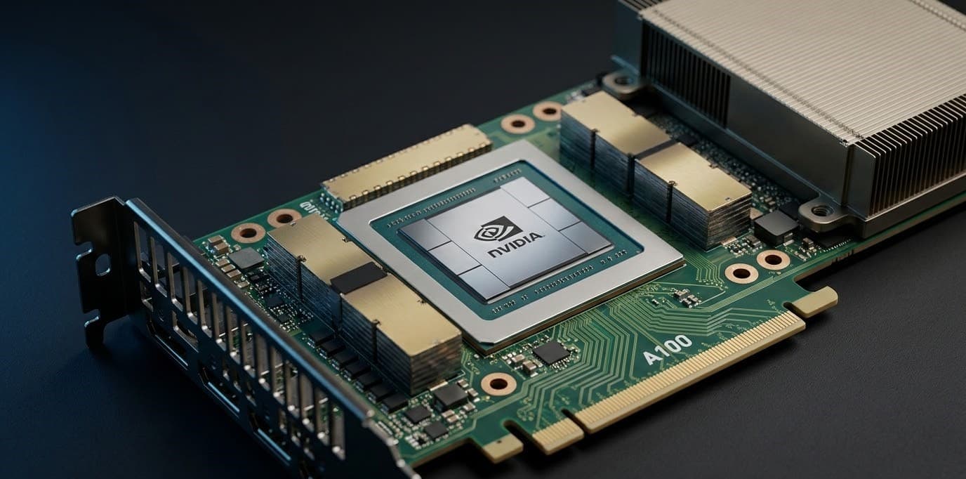 NVIDIA A100 GPU PCIe card close-up showing the Ampere GA100 chip with HBM2e memory stacks and A100 label on green circuit board