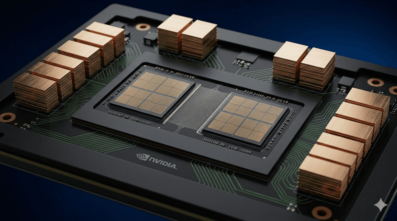 NVIDIA Blackwell B200 GPU accelerator module aerial close-up showing two golden silicon chiplet dies at center with visible die boundary, copper HBM3e memory stacks on all four sides, green circuit traces on black PCB, and NVIDIA shield logo on dark blue background