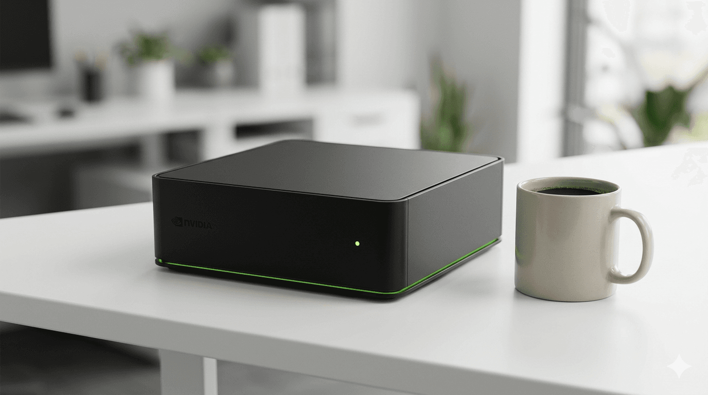 NVIDIA DGX Spark personal AI supercomputer compact matte black square chassis with green LED accent strip and NVIDIA logo sitting on a white desk beside a coffee mug for scale in a modern bright office