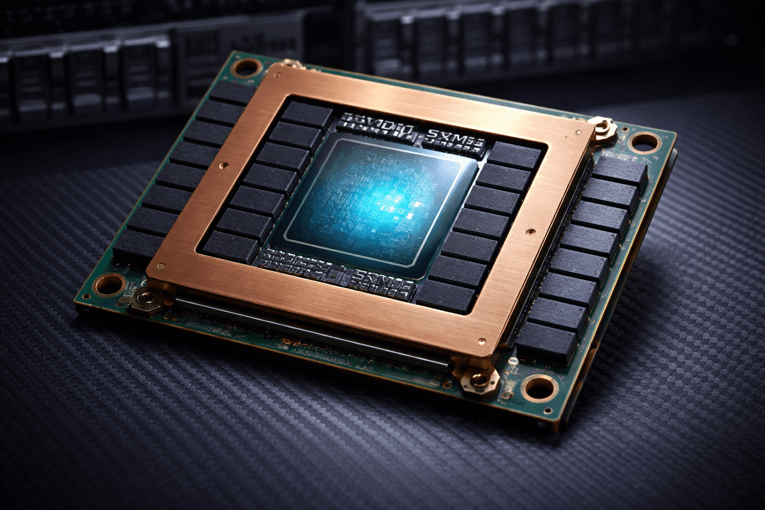 NVIDIA H100 SXM5 GPU module photographed at an angle on a dark carbon fiber surface, showing the gold and copper heat spreader frame, rows of black HBM3 memory stacks, and a glowing blue GH100 chip die at the center, with a blurred server rack visible in the background