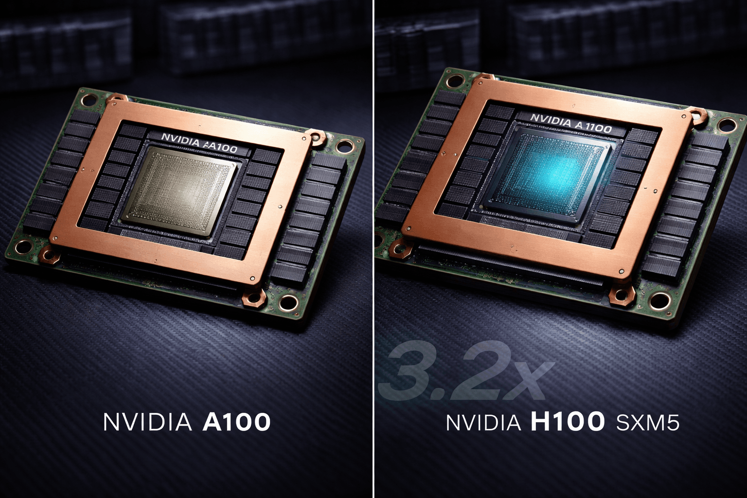 Side-by-side comparison of NVIDIA A100 SXM4 GPU module on the left with a matte chip die and copper frame, and NVIDIA H100 SXM5 on the right with a glowing blue chip die and larger copper heat spreader, labeled NVIDIA A100 and NVIDIA H100 SXM5, with a 3.2x performance indicator overlay between them on a dark carbon fiber background