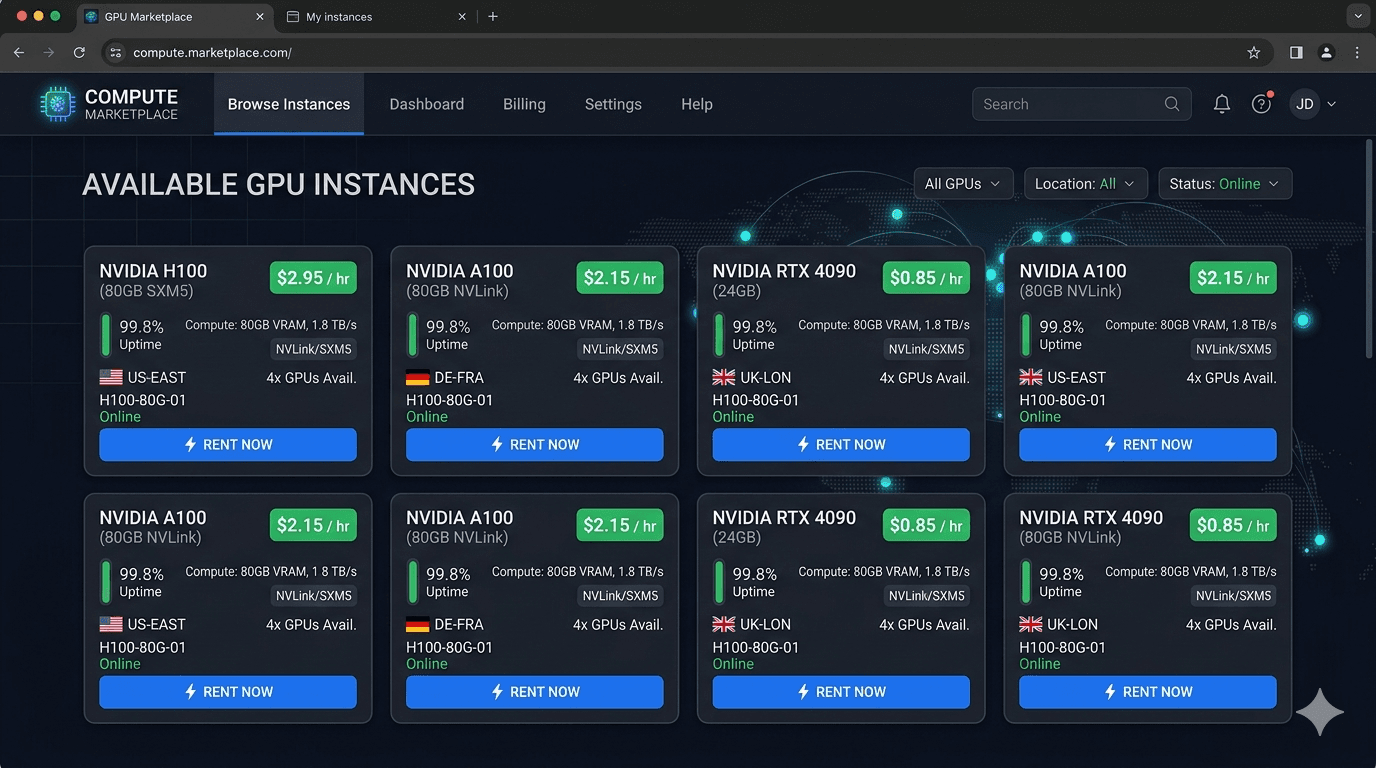 GPU compute marketplace dashboard showing available NVIDIA H100, A100, and RTX 4090 instances with per-hour rental prices, 99.8% uptime scores, geographic host locations across US, Germany, and UK, and blue Rent Now buttons on a dark navy interface