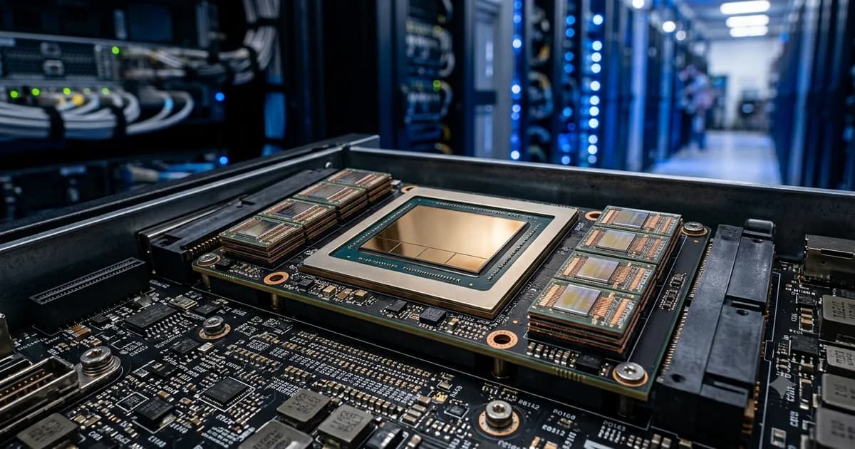 NVIDIA H100 AI chip GPU module with golden heat spreader and HBM memory stacks photographed against a blurred data center server rack background