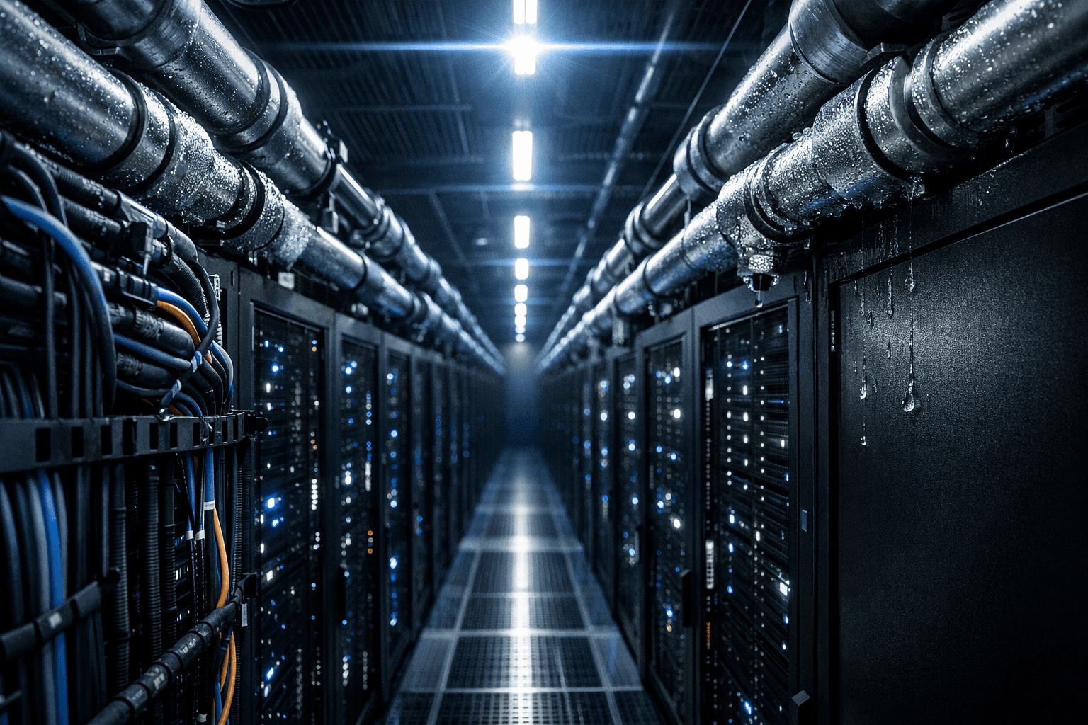 Interior aisle of an AI data center with liquid cooling pipes running overhead, dense cable management on the left, and GPU server racks stretching into the distance