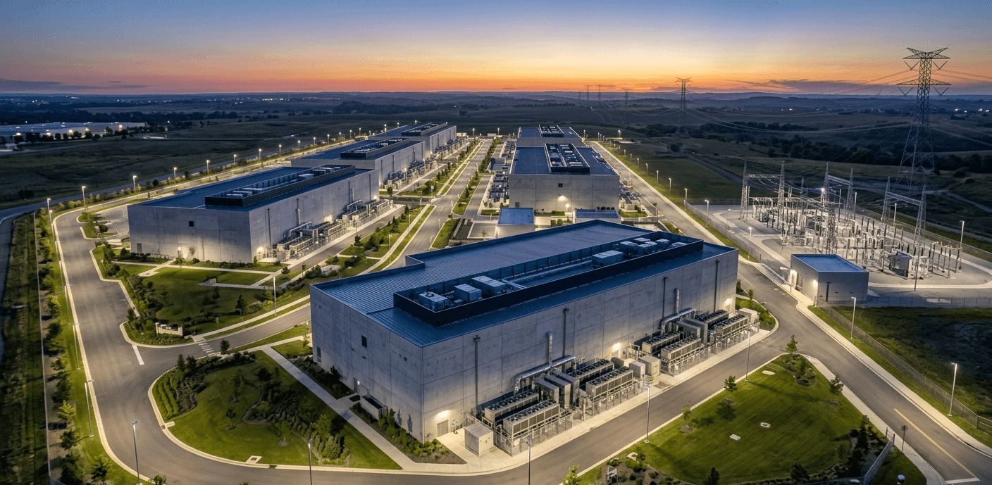 Aerial view of a modern data center campus at dusk showing multiple server hall buildings, exterior cooling units, an electrical substation, and illuminated perimeter lighting