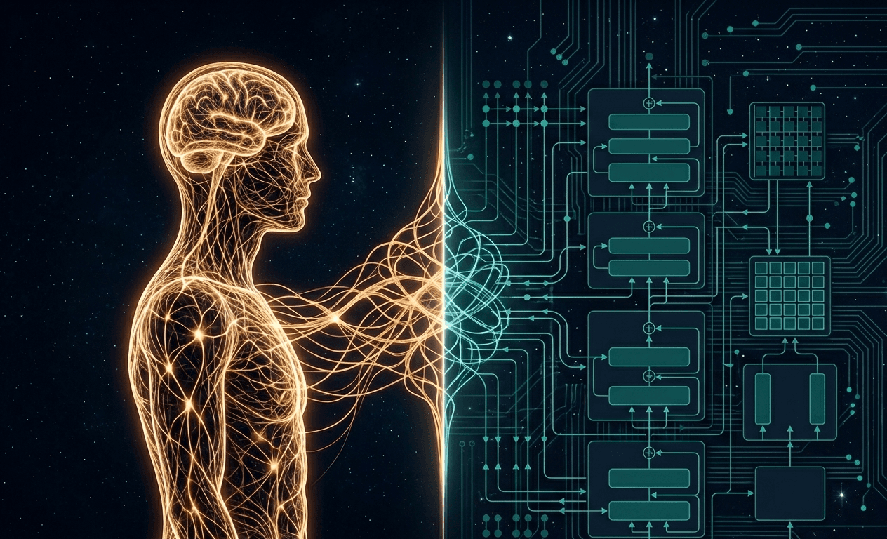 artificial general intelligence diagram showing human neural network silhouette in gold filaments beside AI circuit architecture in teal, illustrating the gap between current narrow AI and AGI
