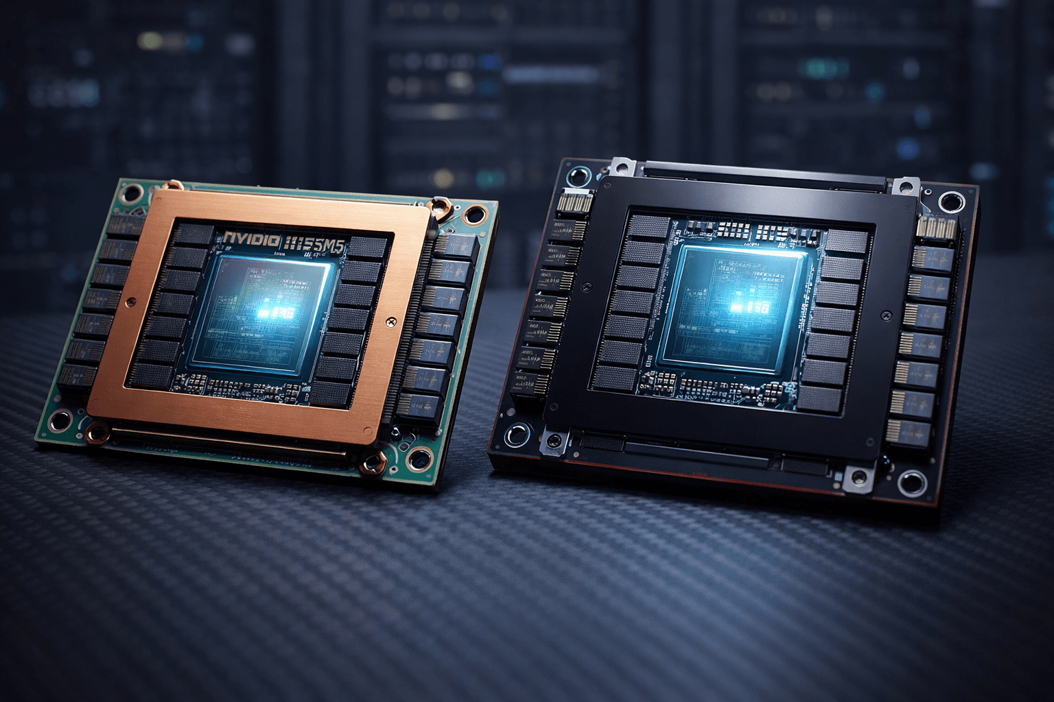 NVIDIA H100 SXM5 GPU accelerator card with copper heat spreader and green PCB next to AMD MI300X AI accelerator module in black with HBM3 memory stacks, photographed against a blurred datacenter server rack background