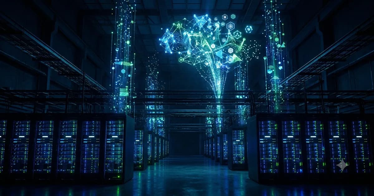 AI factory data center aisle with glowing GPU server racks and a holographic neural network streaming data into the racks