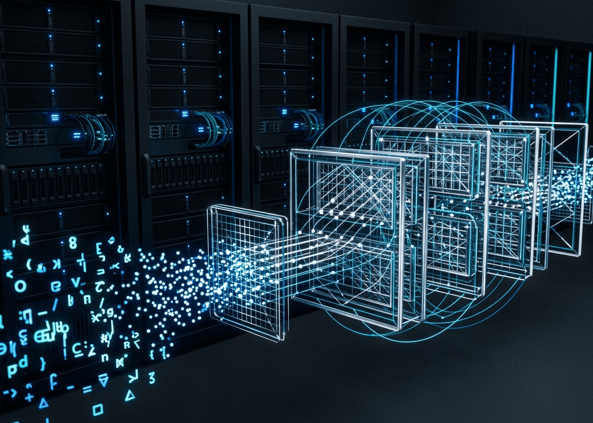 Large language model visualization showing transformer attention layers as glowing geometric grids with token embeddings flowing through GPU server racks in a dark AI data center