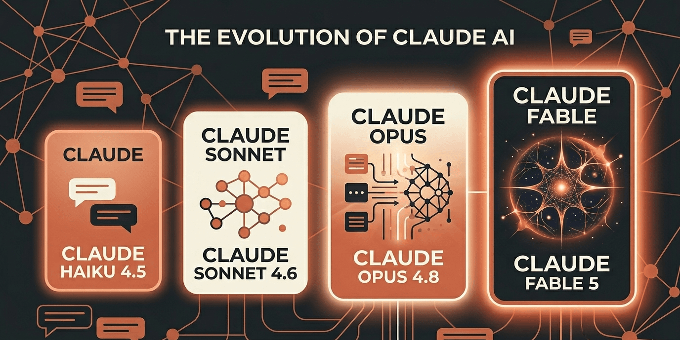 The evolution of Claude AI: model cards for Claude Haiku 4.5, Claude Sonnet 4.6, Claude Opus 4.8, and Claude Fable 5 showing increasing capability