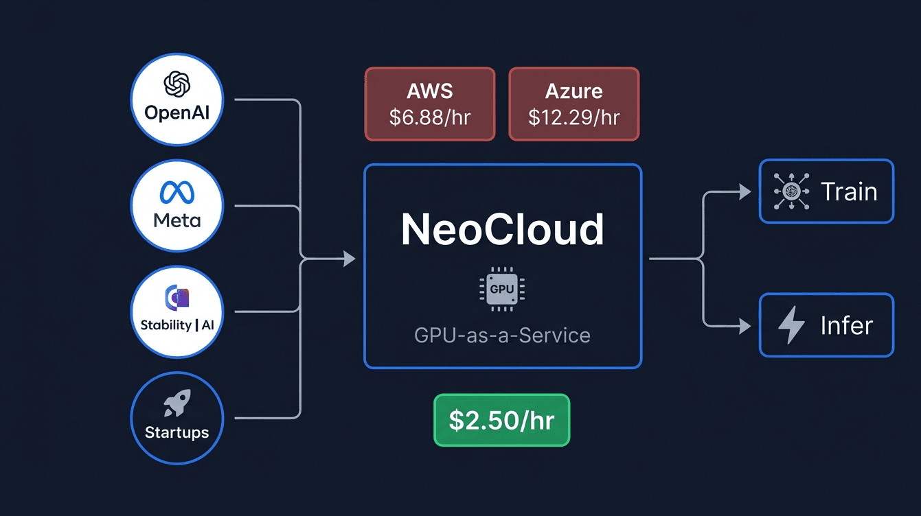 NeoCloud GPU-as-a-Service diagram showing AI companies connecting through NeoCloud at $2.50/hr versus AWS at $6.88/hr and Azure at $12.29/hr for AI training and inference workloads