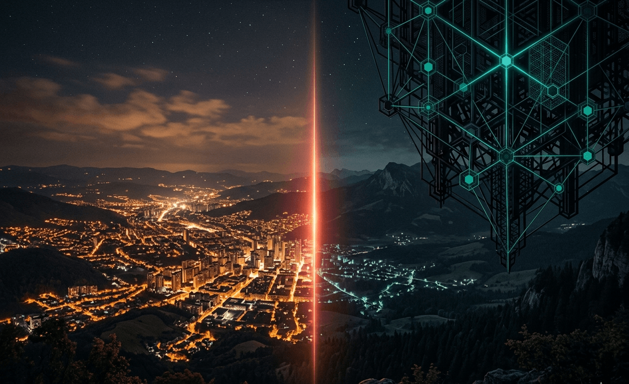 will AI destroy humanity concept showing illuminated city skyline beside geometric AI lattice tower split by red light beam representing AI existential risk