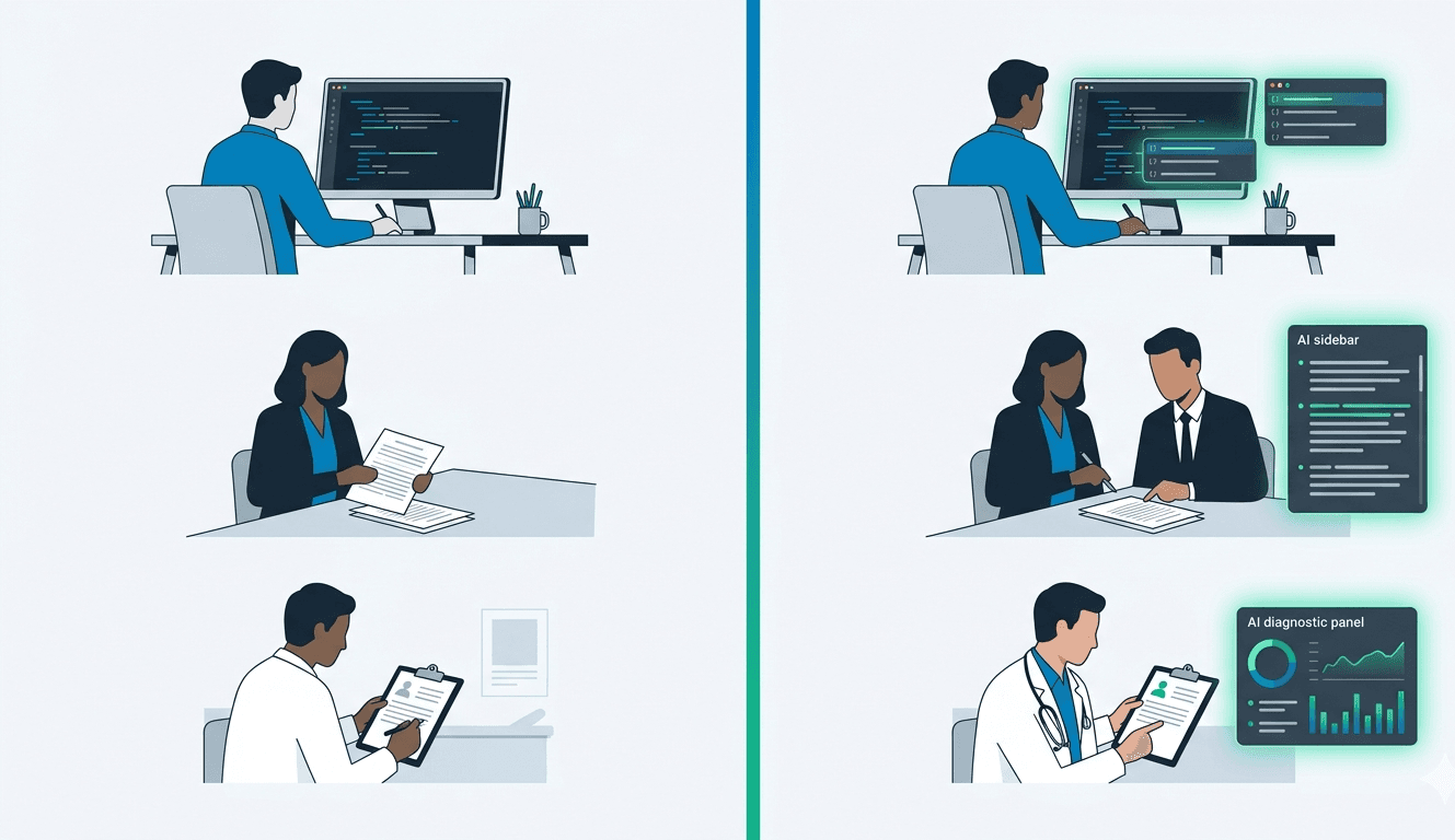 Will AI replace your job - programmers, lawyers and doctors shown beside AI tools illustrating task displacement across professions in 2025