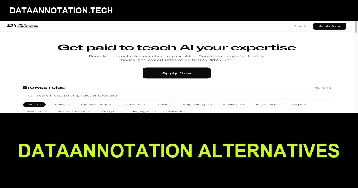 DataAnnotation.tech homepage screenshot with dataannotation alternatives text overlay