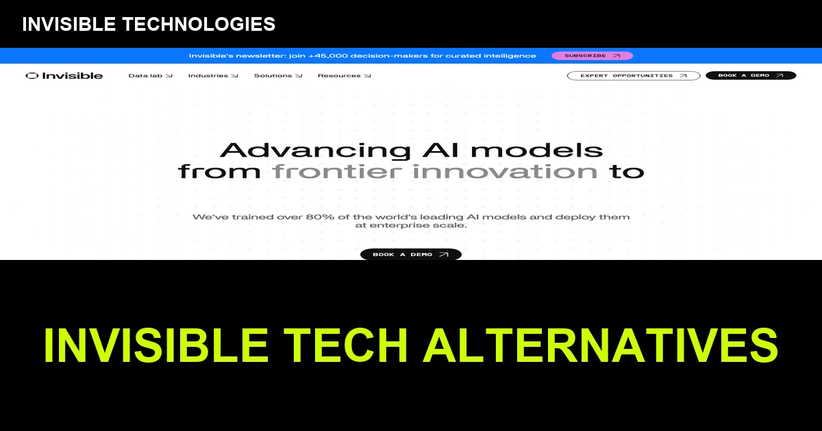 Invisible Technologies homepage screenshot with Invisible Tech alternatives text overlay