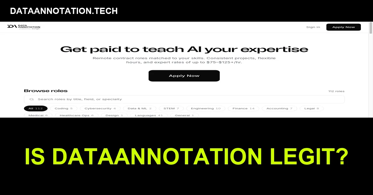 DataAnnotation.tech homepage screenshot with is DataAnnotation legit text overlay