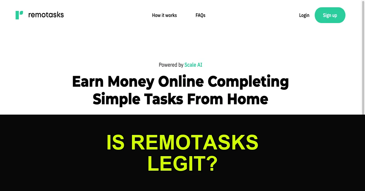 Remotasks homepage screenshot with is Remotasks legit text overlay