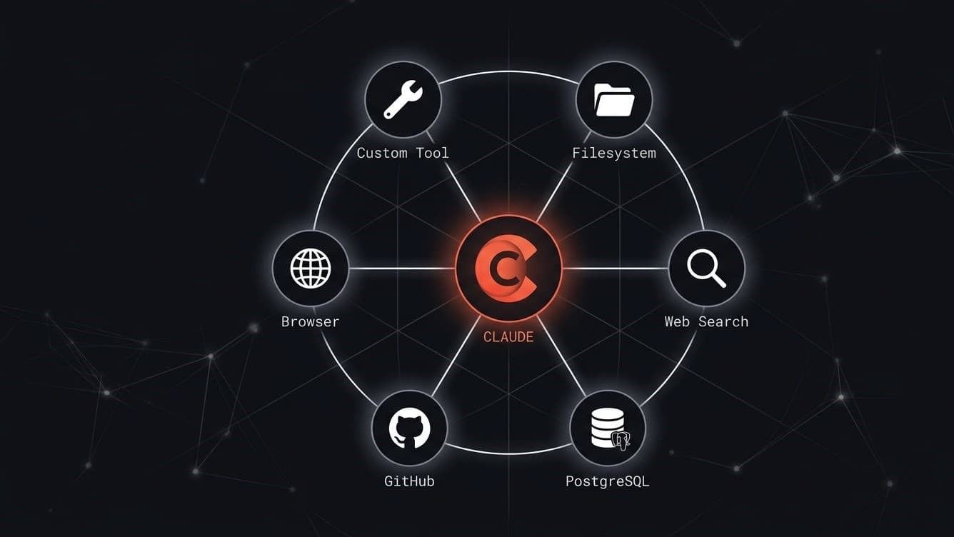 Claude logo at the center of a circular hub diagram showing six MCP servers: Custom Tool, Filesystem, Web Search, PostgreSQL, GitHub, and Browser, connected by radial lines on a dark background
