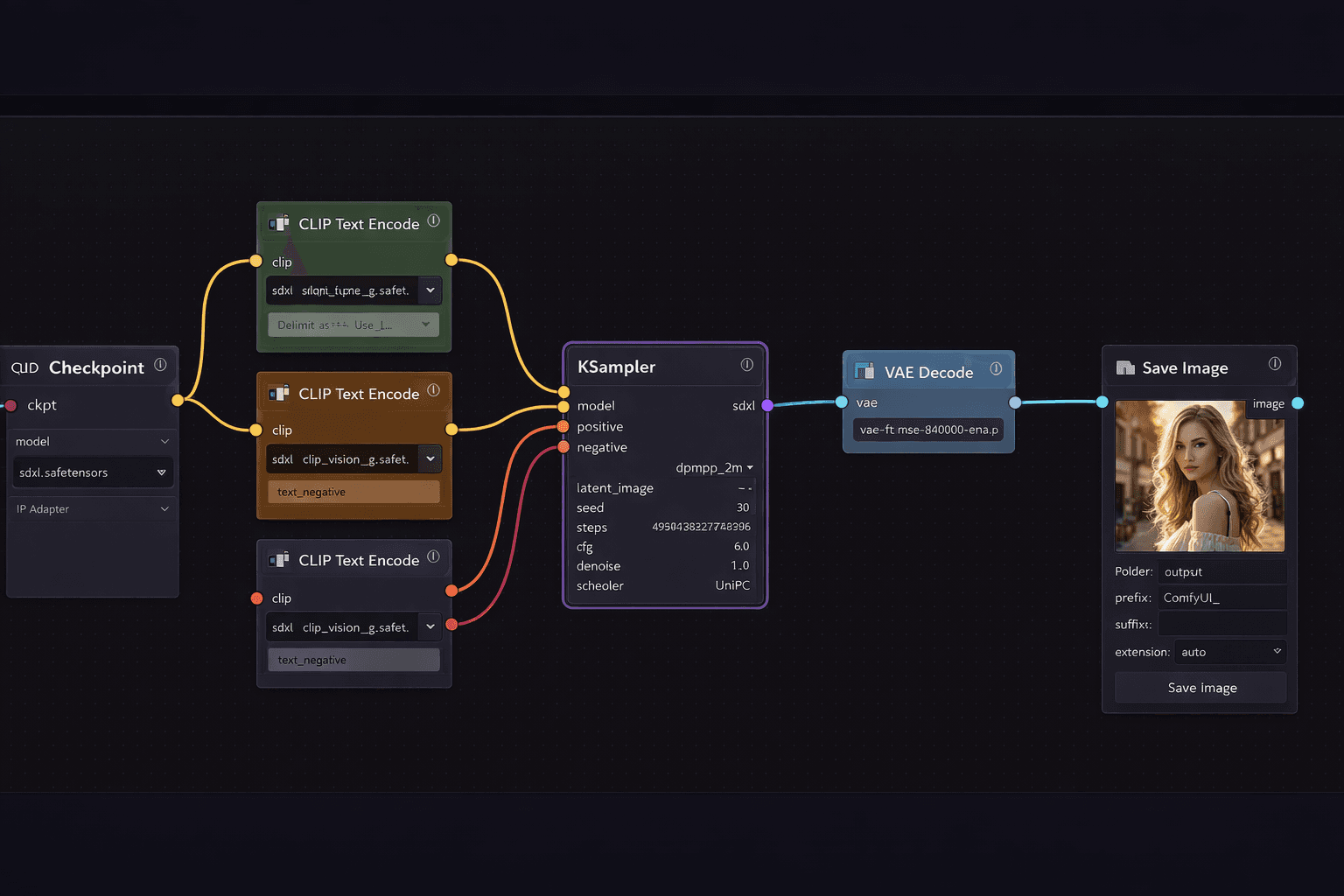 ComfyUI node-based workflow generating an AI image locally