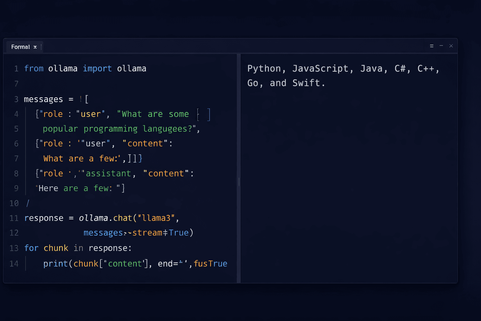 Python code calling the Ollama API with streaming output in a terminal