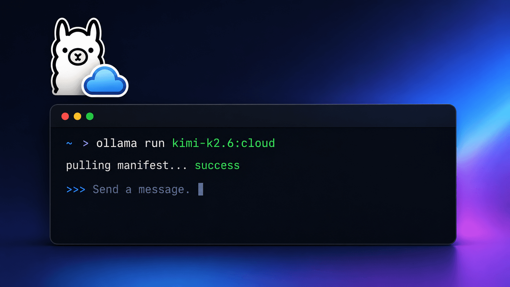 Terminal showing the ollama run kimi-k2.6:cloud command output for Kimi K2 on Ollama Cloud