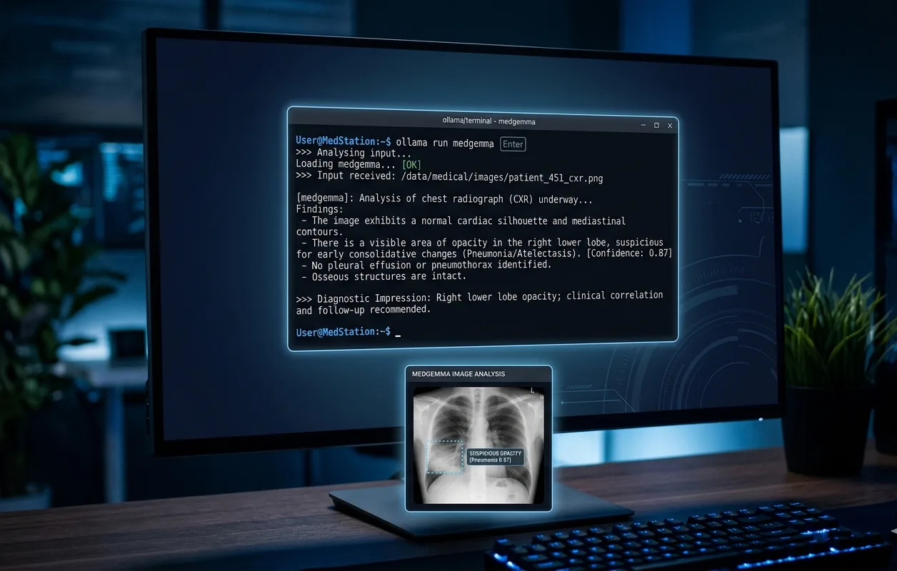 Ollama run medgemma command analyzing a chest X-ray for suspicious opacity
