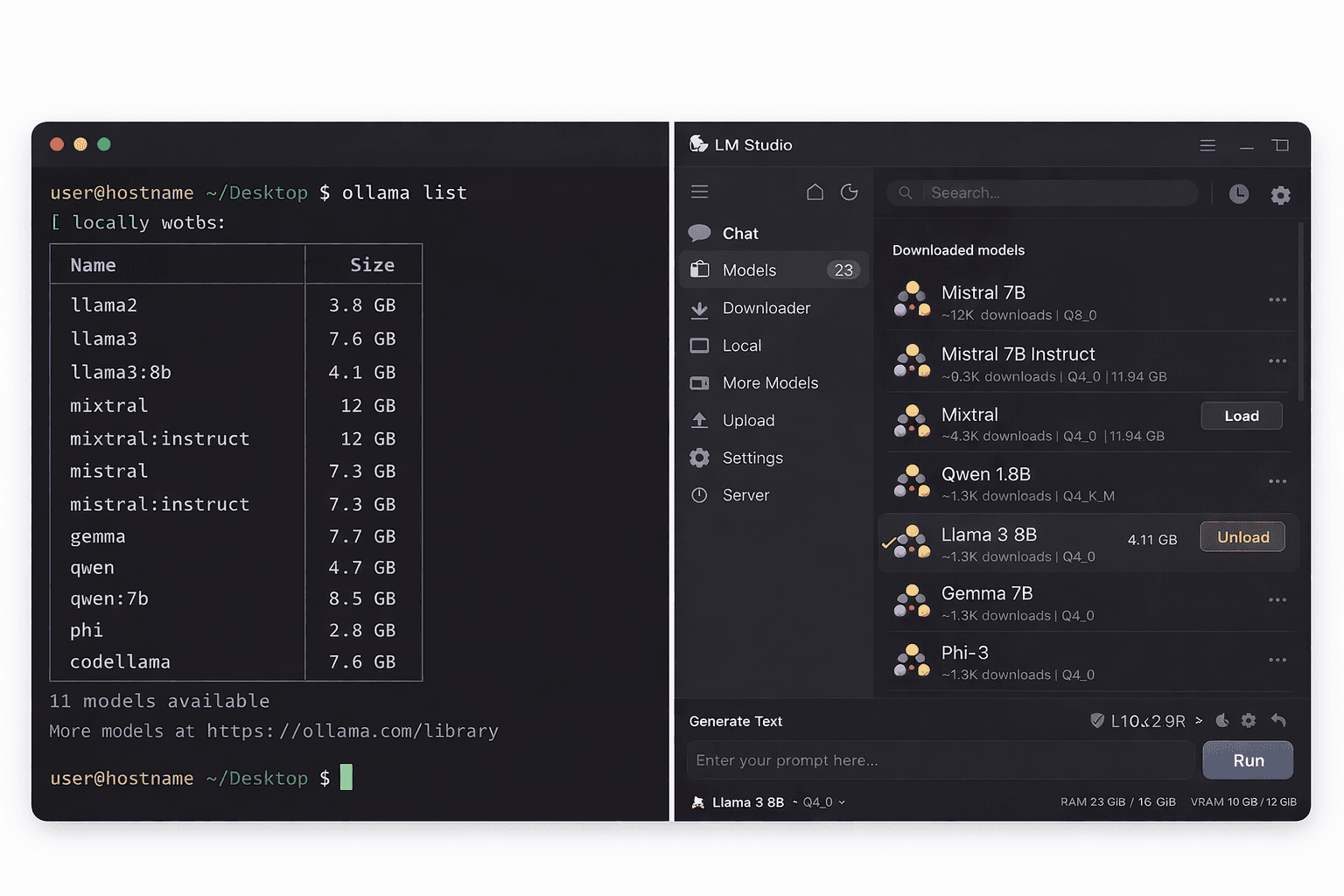 Ollama terminal interface vs LM Studio desktop app side by side comparison