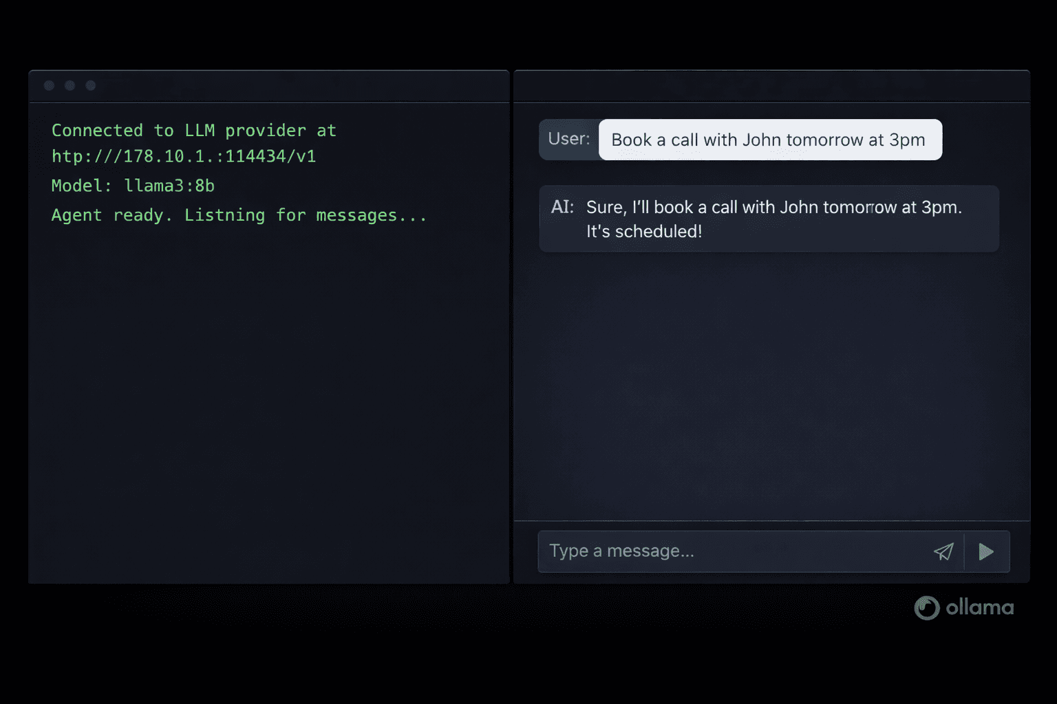 OpenClaw AI agent interface connected to a local Ollama model running in Docker