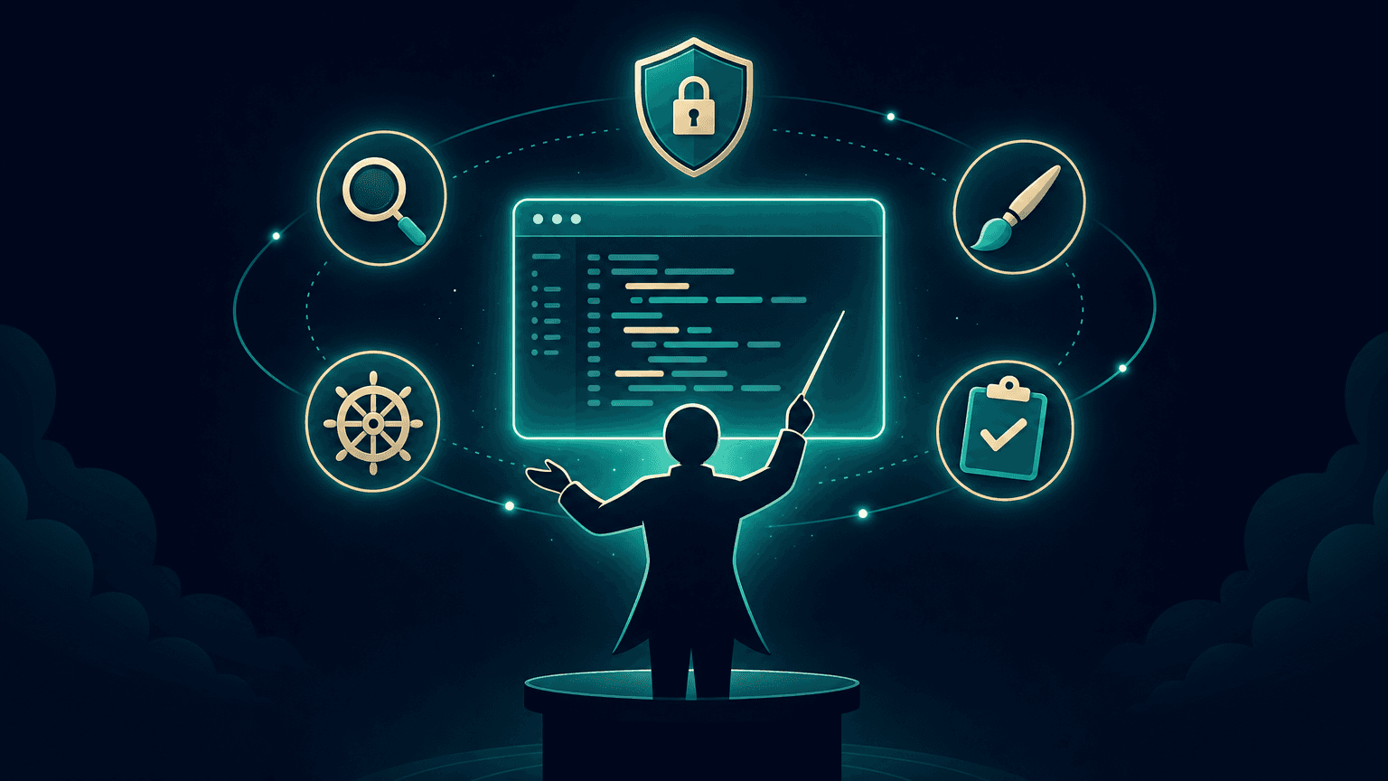 Editorial illustration of a single conductor podium directing a semicircle of small specialist tool icons -- a shield, a magnifying glass, a paintbrush, a ship's wheel -- around one glowing terminal window, representing one developer commanding a full virtual engineering team