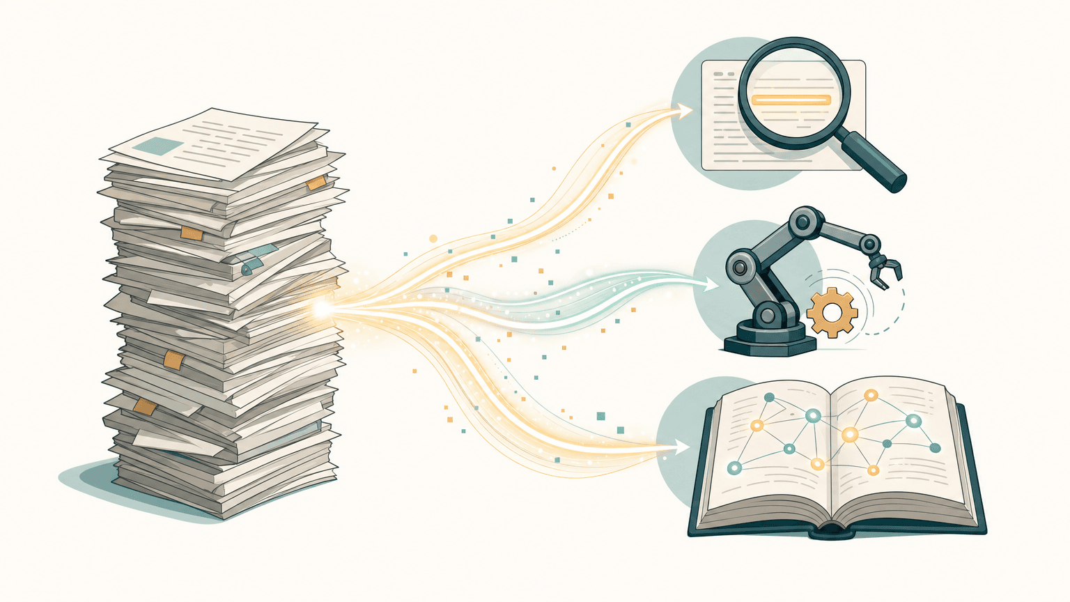 Editorial illustration of a tall stack of documents splitting into three glowing threads leading to a magnifying glass over highlighted text, a small robotic arm, and an open book with interconnected nodes, representing search, an AI agent, and a wiki all built from the same document stack