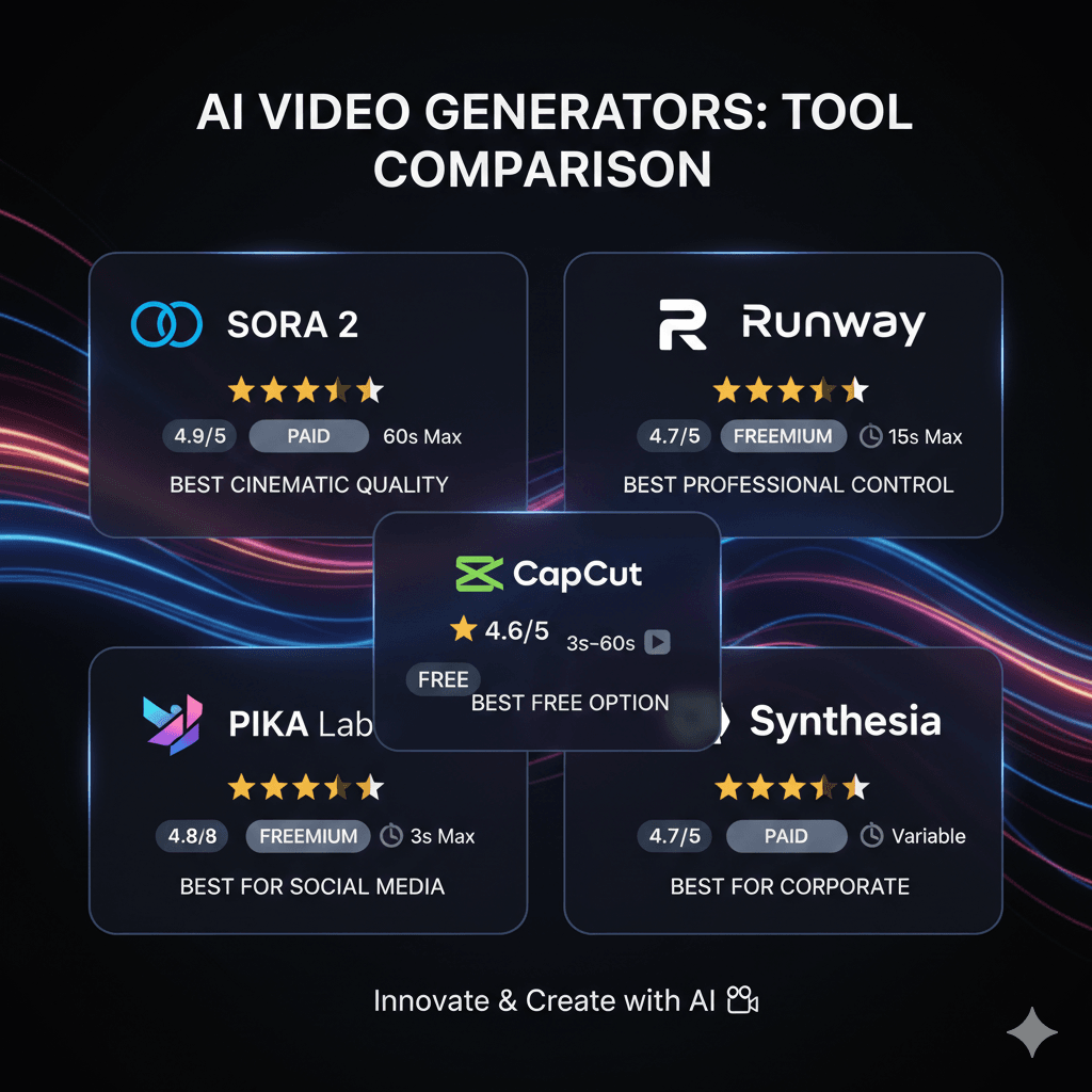 AI Video Generators Tool Comparison showing 5 leading platforms with ratings and specializations