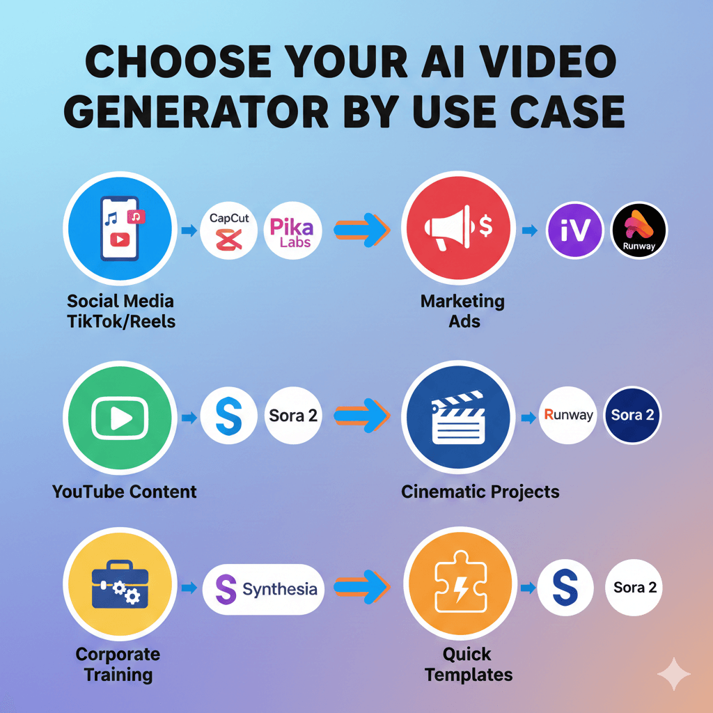 Decision guide showing which AI video generator to use based on specific use cases