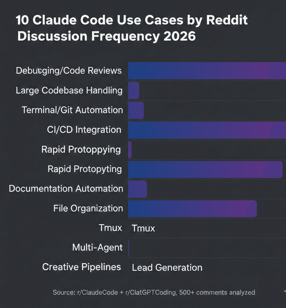 10 Claude Code use cases ranked by Reddit discussion frequency 2026 — Debugging/Code Reviews top, source: r/ClaudeCode + r/ChatGPTCoding 500+ comments