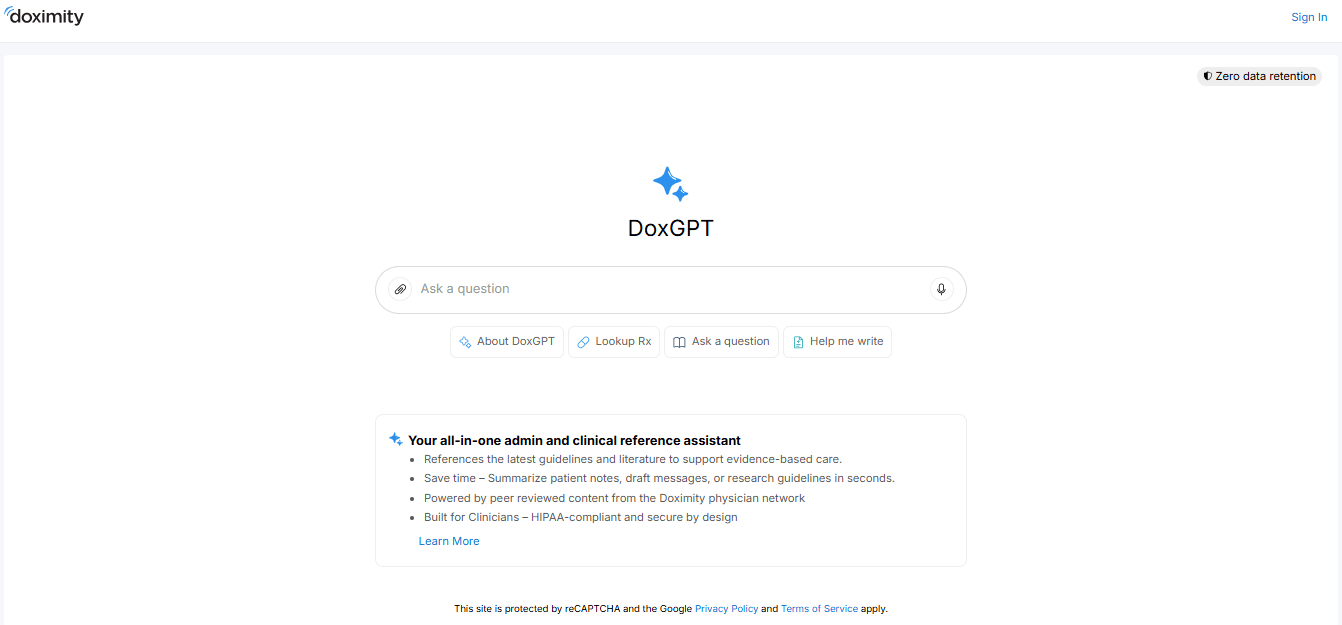Doximity GPT HIPAA-compliant dashboard interface showing medical AI chat assistant with clinical notes categories, patient education, discharge summaries, evidence-based citations from medical journals, and encrypted lock icon for secure healthcare data