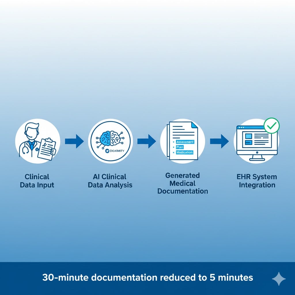 Healthcare professional workflow diagram using Doximity GPT - doctor with patient notes, AI brain analyzing clinical data, generated medical documentation, EHR system integration, showing 30-minute documentation reduced to 5 minutes time savings