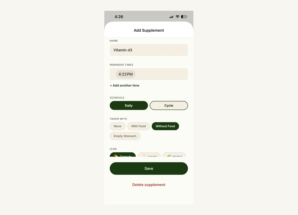 SuppAlarm reminder setup screen showing Daily vs Cycle schedule options and Taken With food-timing choices