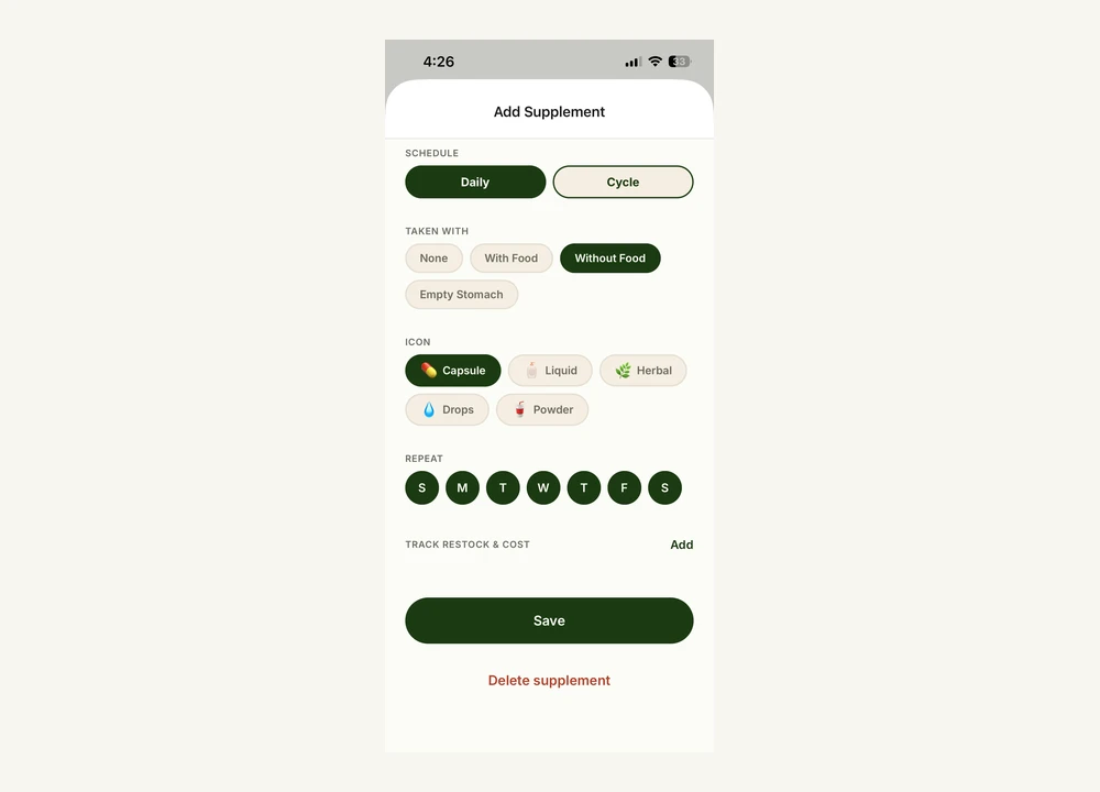 SuppAlarm supplement type selector showing Capsule, Liquid, Herbal, Drops, and Powder icon options with repeat day scheduling